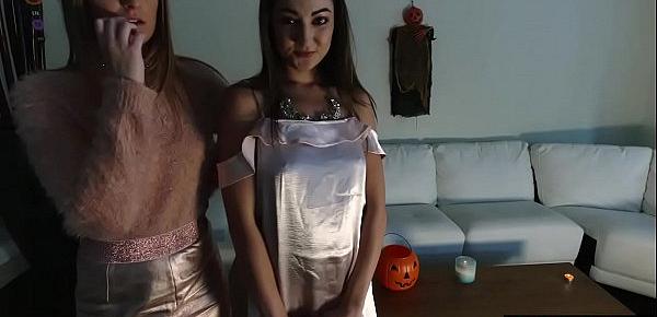  Nasty teens hype their halloween party with a big cock